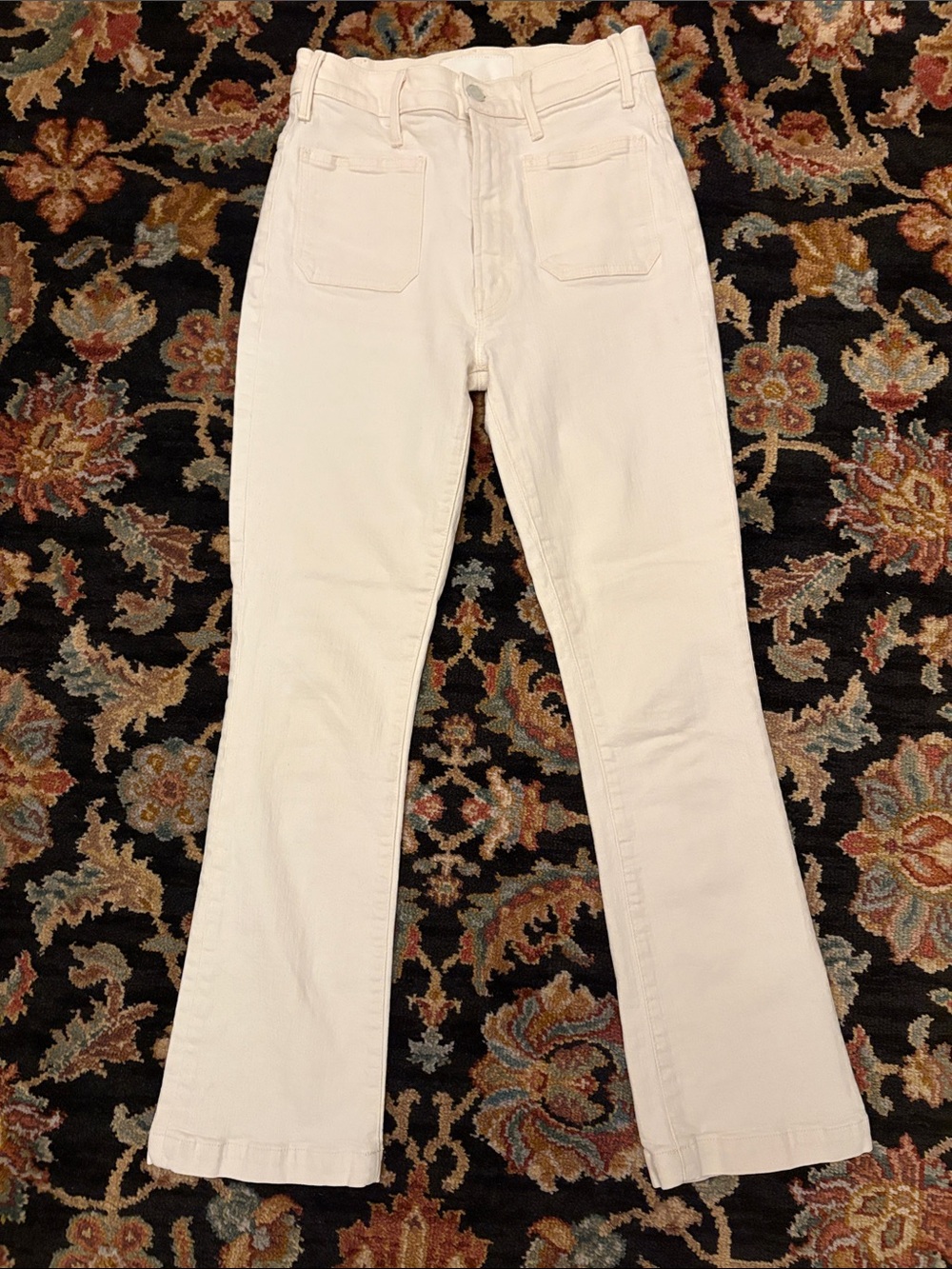 MOTHER Hustler Off-White Natural High-Rise Patch Pocket Flood Length Flare Jeans